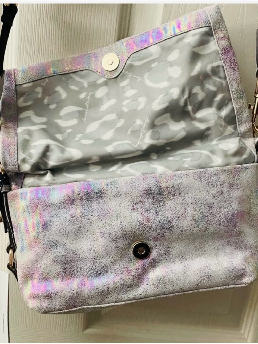Aimee Kestenberg Iridescent Silver Crossbody with Leopard-Print Lining - Picture 2 of 9
